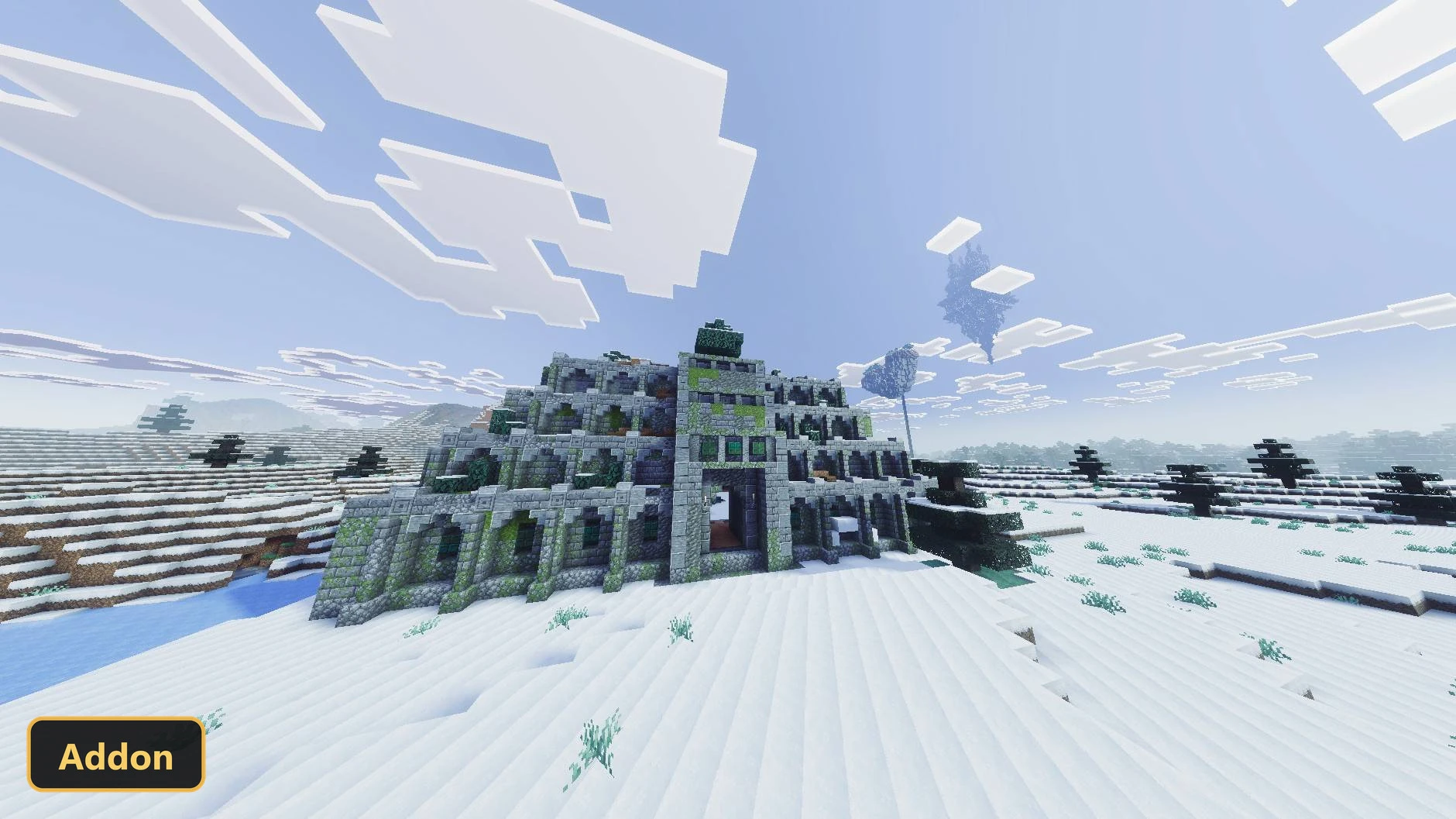 large mossy stone structure in a snowy landscape, bright sky