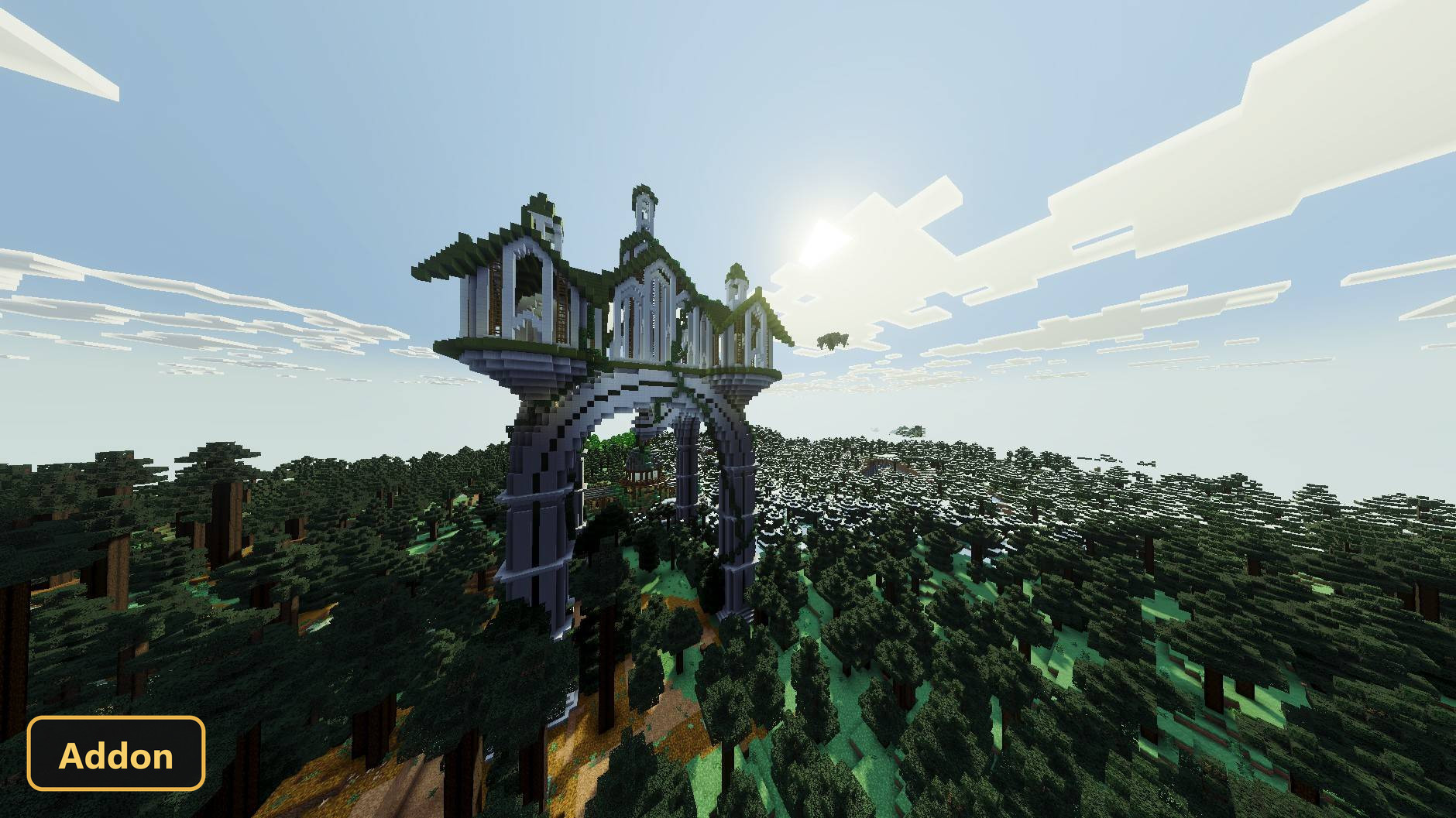 elaborate floating stone and wood structure above a dense forest, bright sun