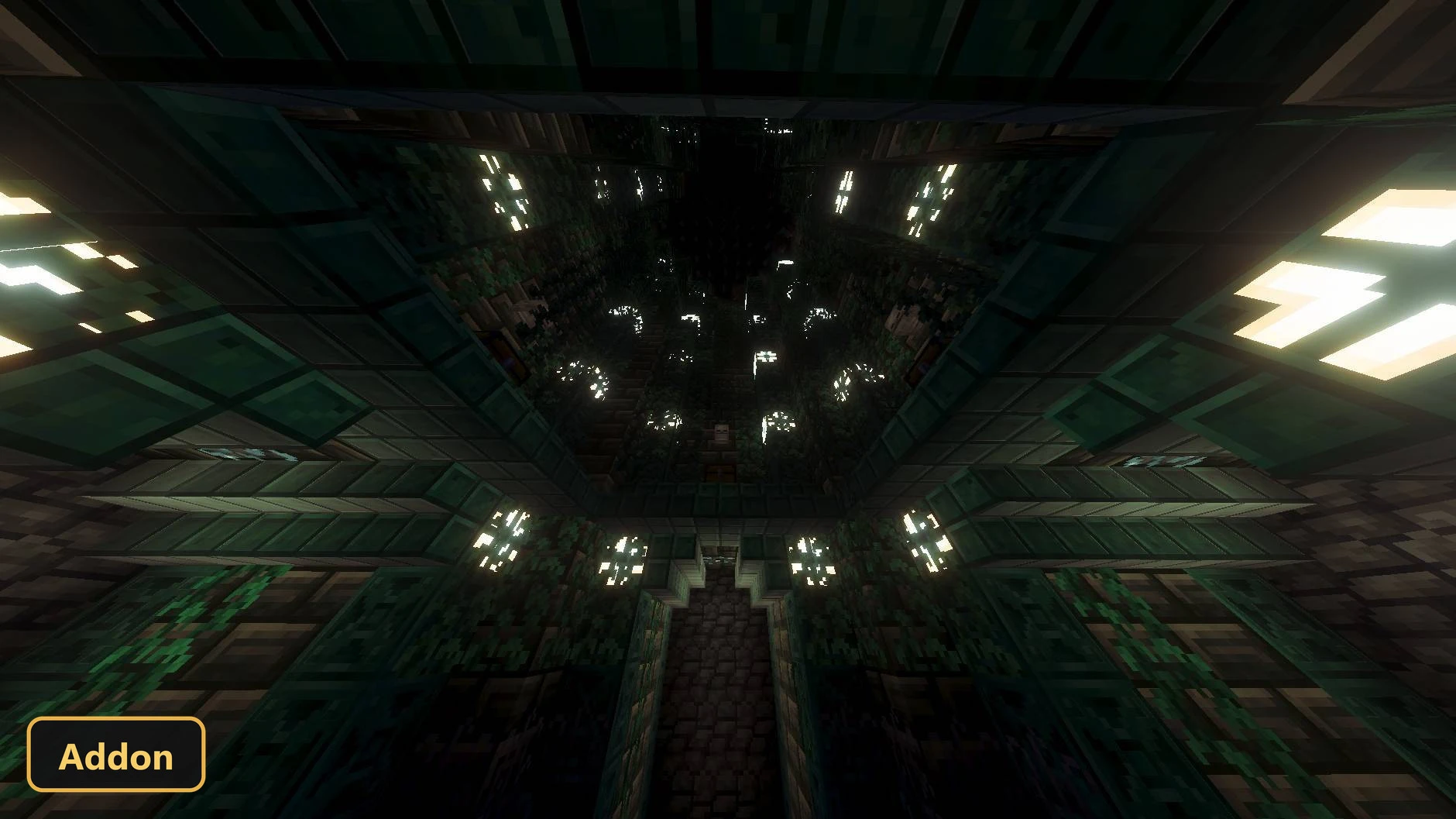 dark, ornate interior corridor with glowing white light fixtures on walls