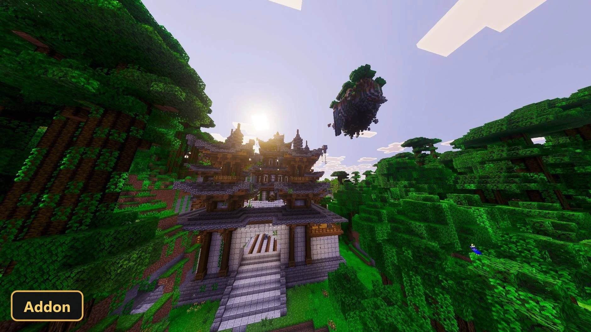 large, detailed building with multiple roofs nestled in a dense forest, bright sun