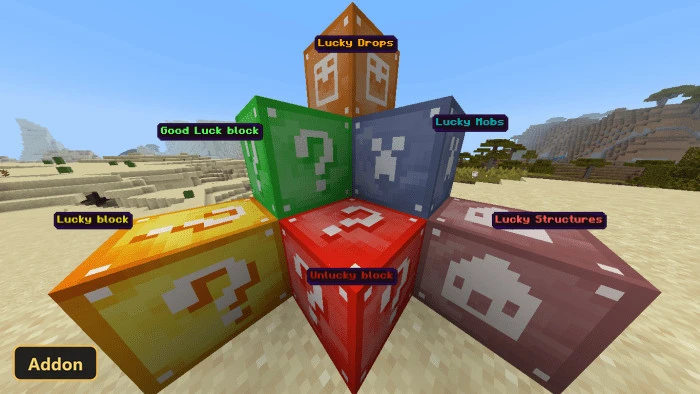 six lucky blocks of different types in a desert biome