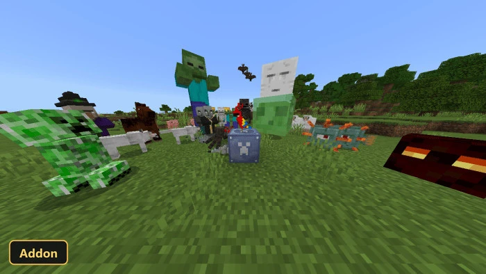 various mobs surrounding a lucky block in a grassy field