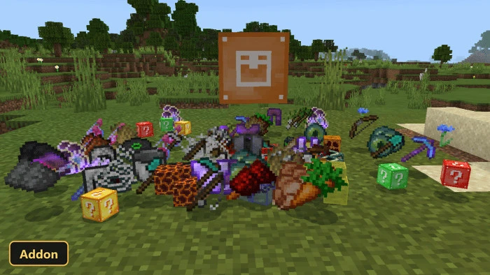 pile of various items and lucky blocks in a grassy field