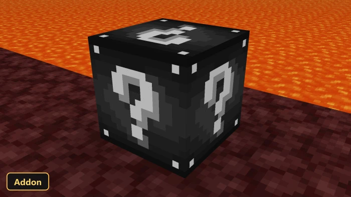 black lucky block on netherrack next to a lava lake