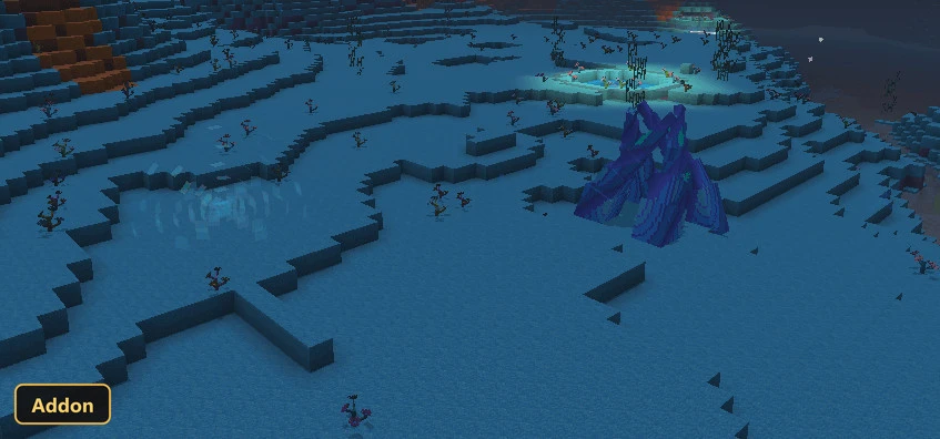 underwater scene with light blue sand, coral, and a glowing purple structure