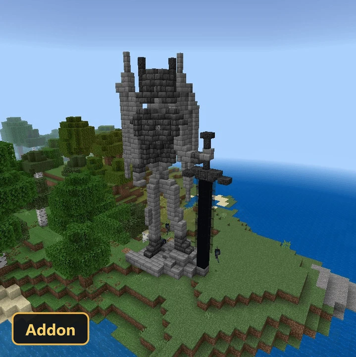 large stone statue with a dark sword on a grassy island
