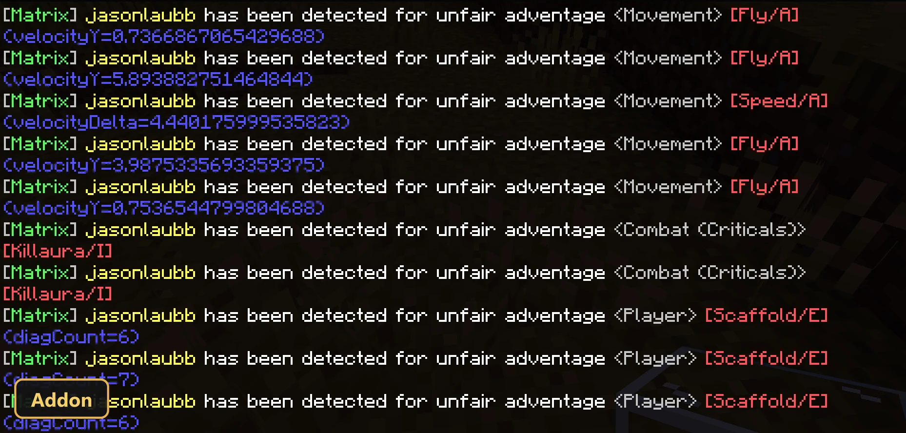 chat log showing anti-cheat detection messages