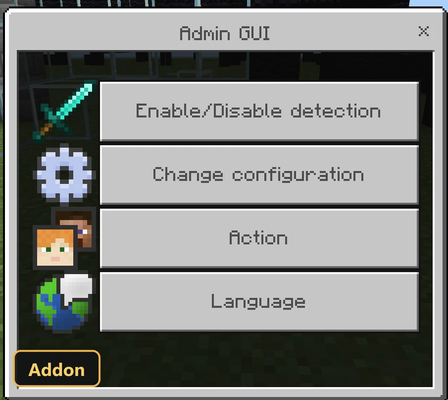 admin GUI menu with options for detection, configuration, action, language