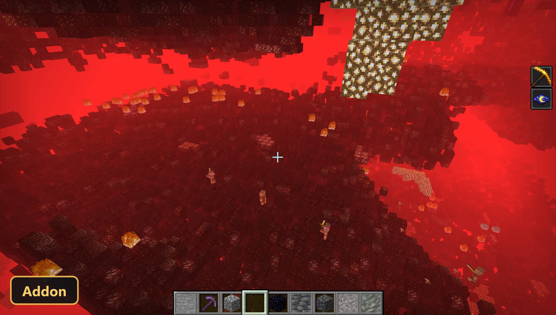 Nether biome with lava, netherrack, glowstone, and piglins