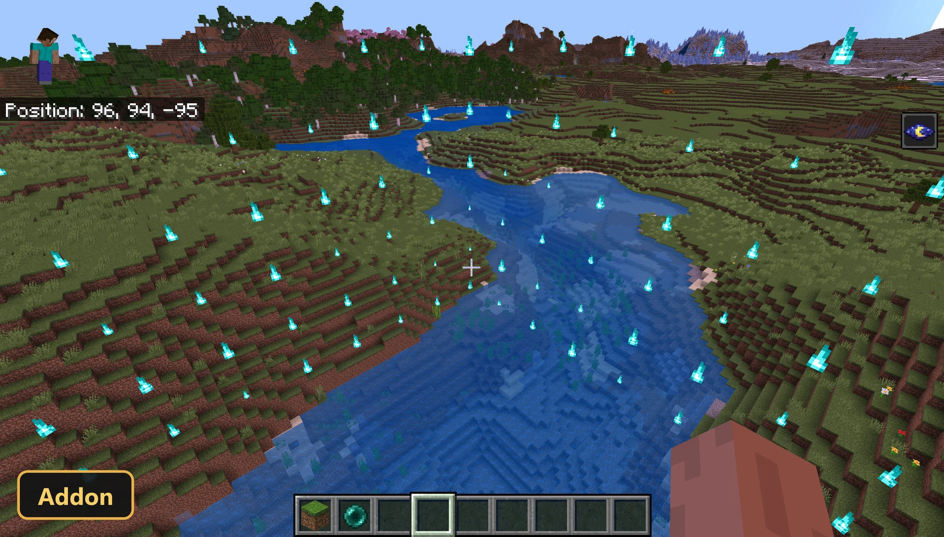 wide open plains with a river and numerous glowing blue crystals