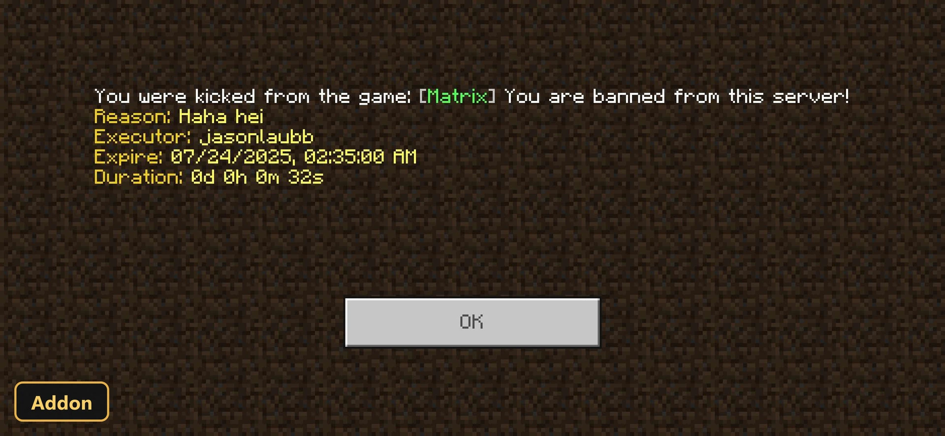 server ban message with reason, executor, expiry, and duration