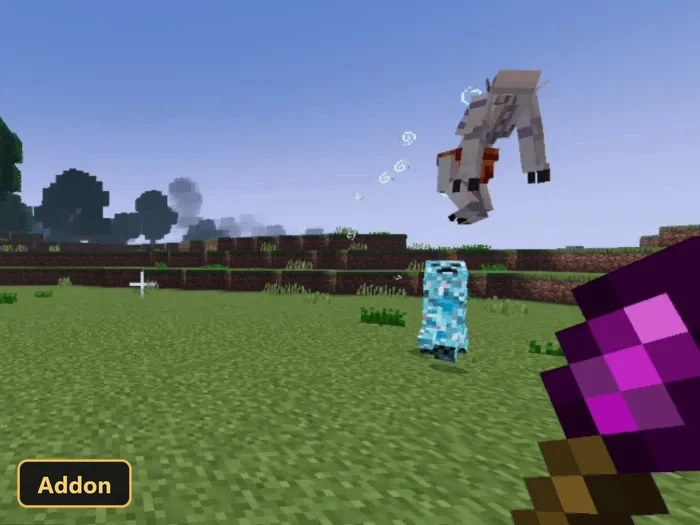 grassy plains, daytime, player holding a purple wand, two mobs fighting