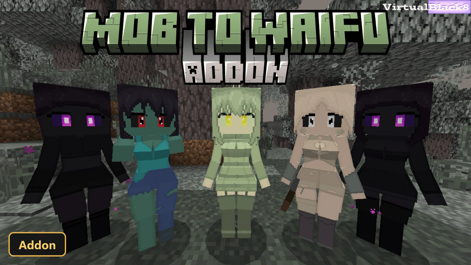 five anime-style characters, Enderman, Zombie, and three others, in a dark forest
