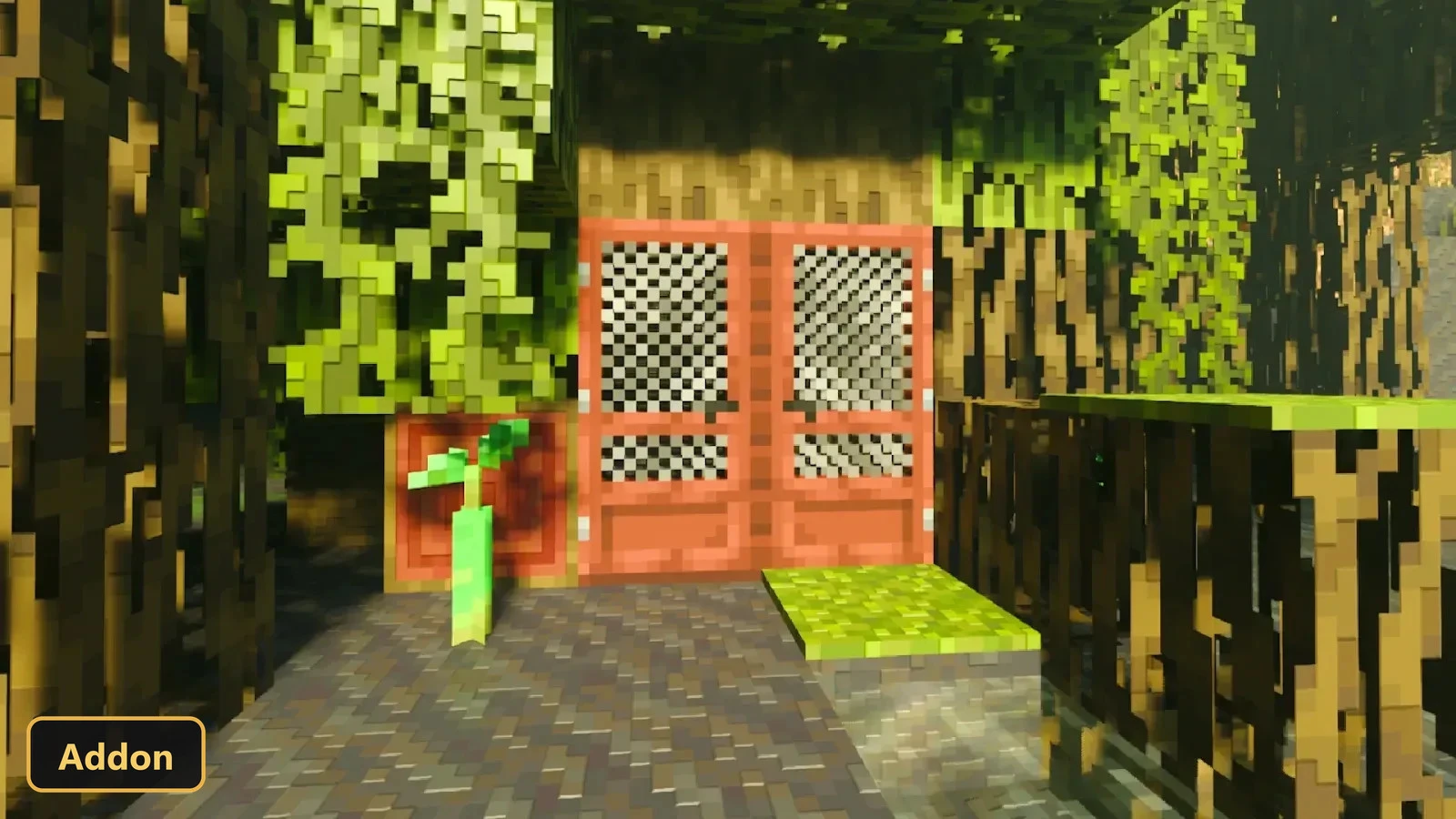 red doors in a lush forest with dappled sunlight