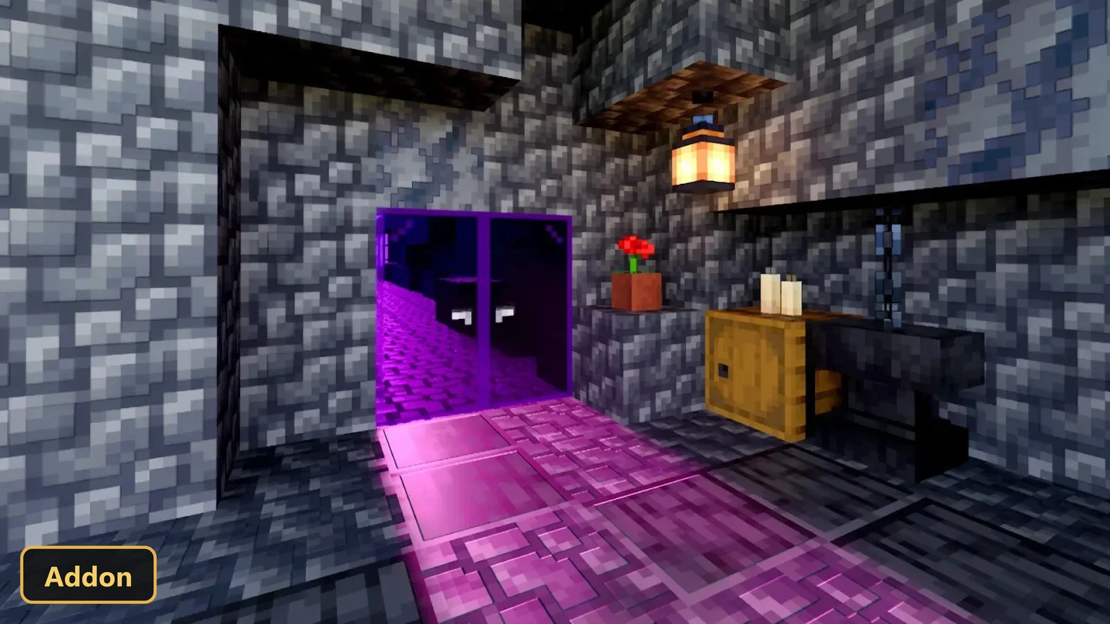 dark stone cave with a glowing purple portal and lantern
