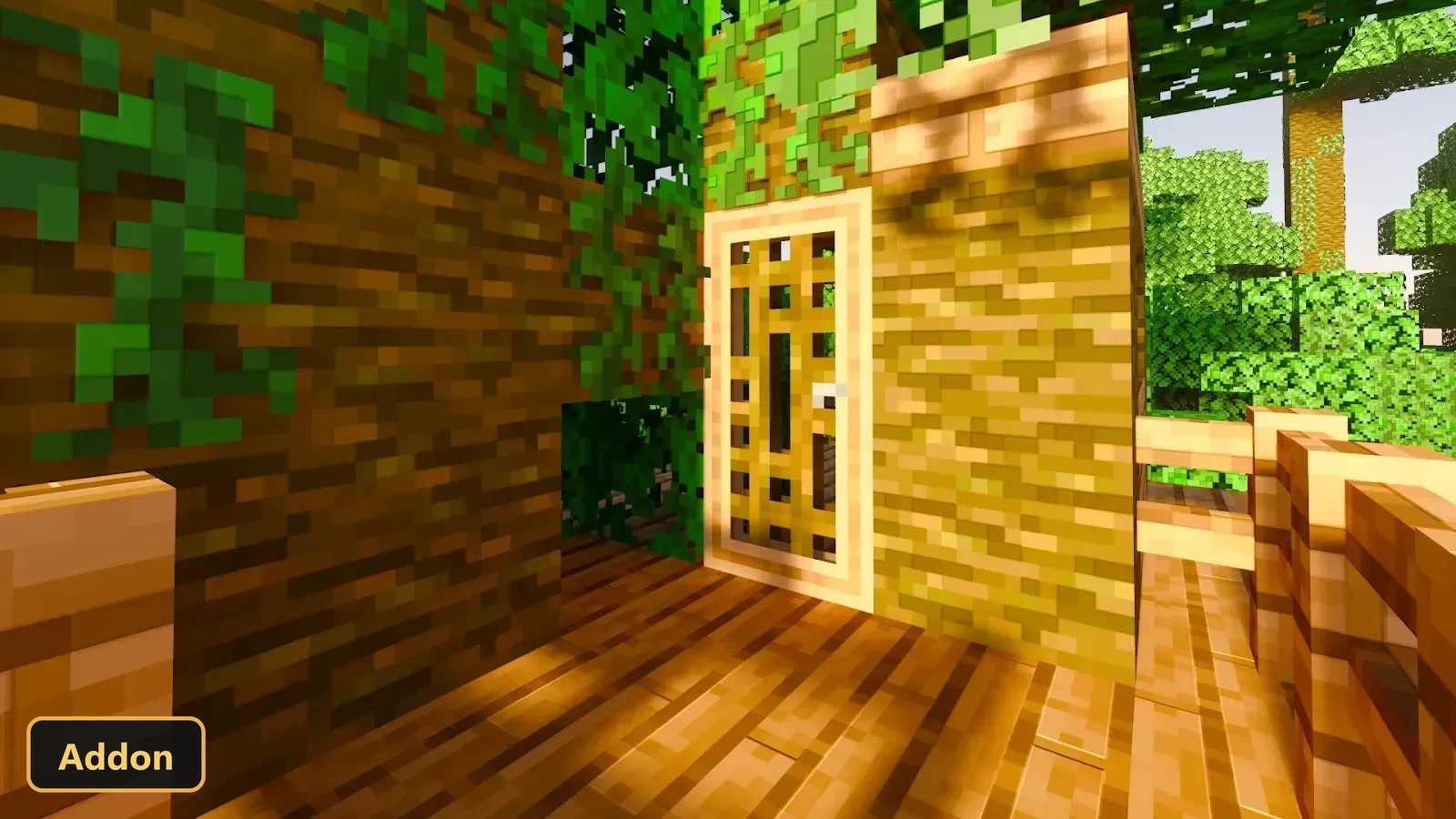 wooden treehouse interior with a yellow door and green leaves