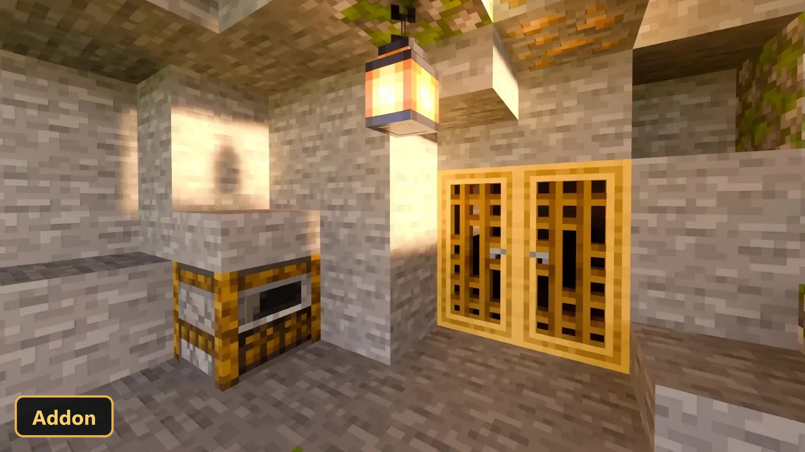 stone cave interior with a lantern, oven, and yellow doors