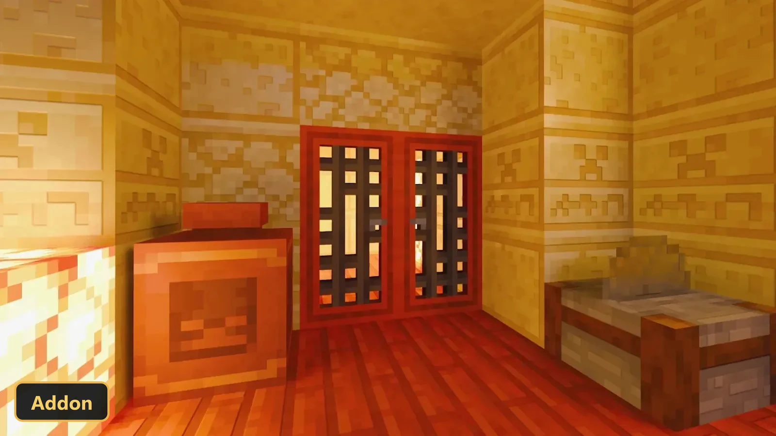 desert temple interior with golden blocks, red doors, and bed