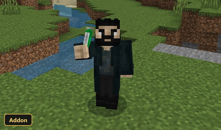 character holding a potion bottle by a river