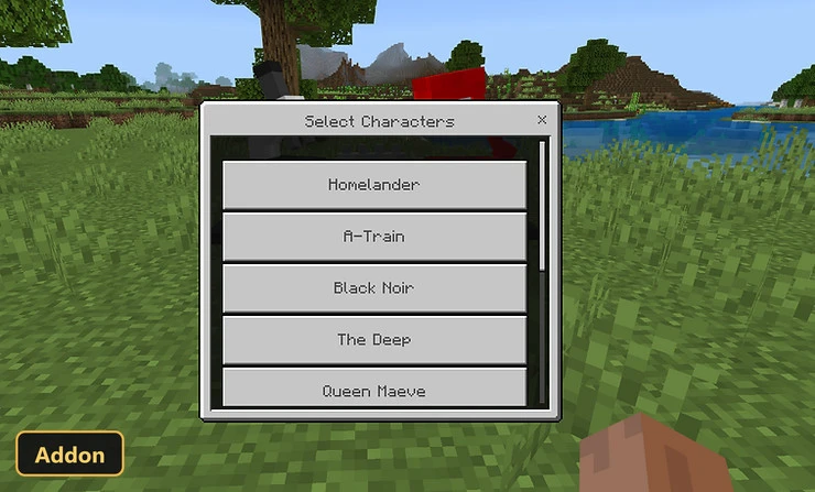 character selection menu overlayed on a grassy landscape