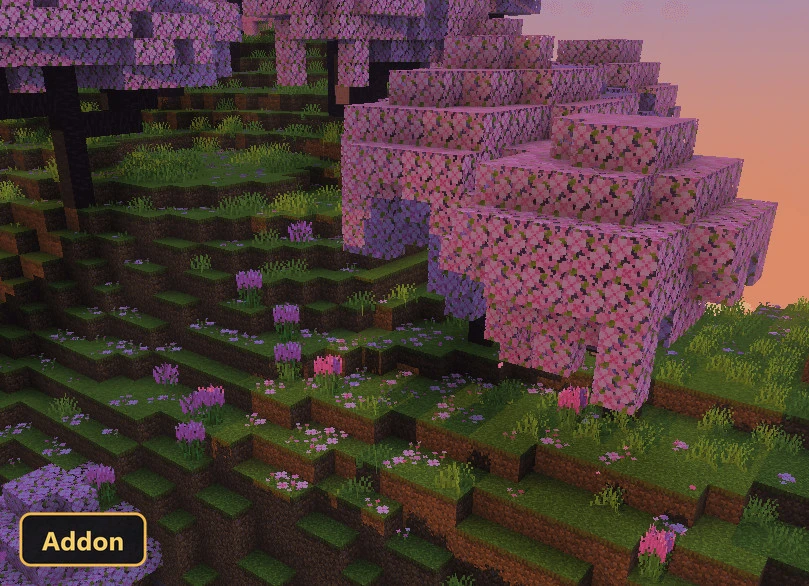 hillside with pink cherry blossom trees and purple flowers at sunset