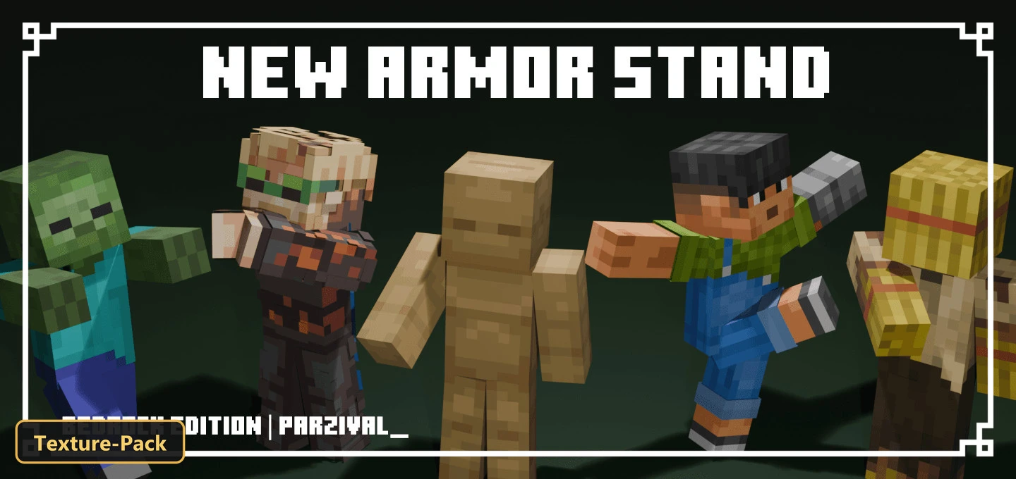 five armor stands in various poses, some with character skins