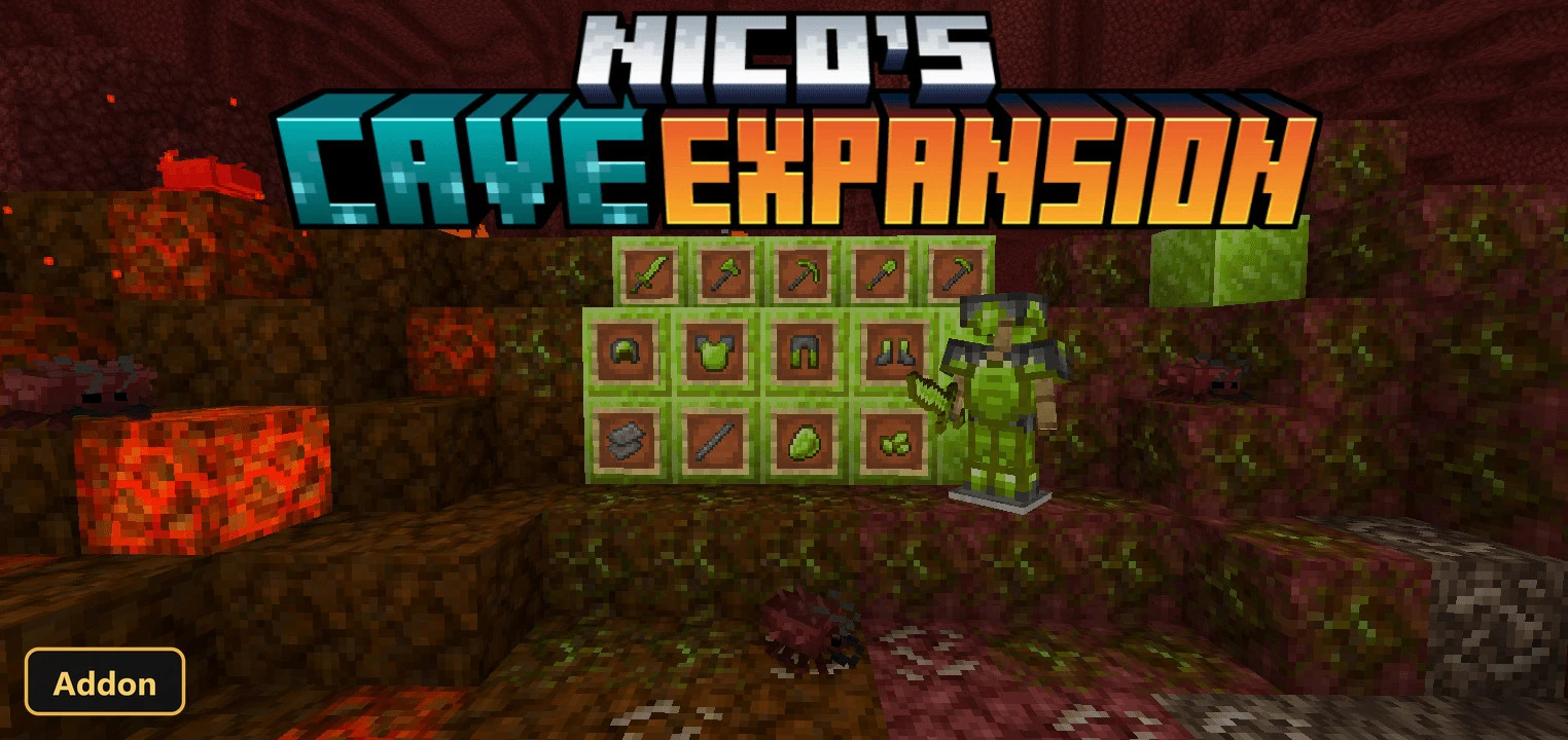 Nether cave with new tools, armor, and blocks, with title overlay