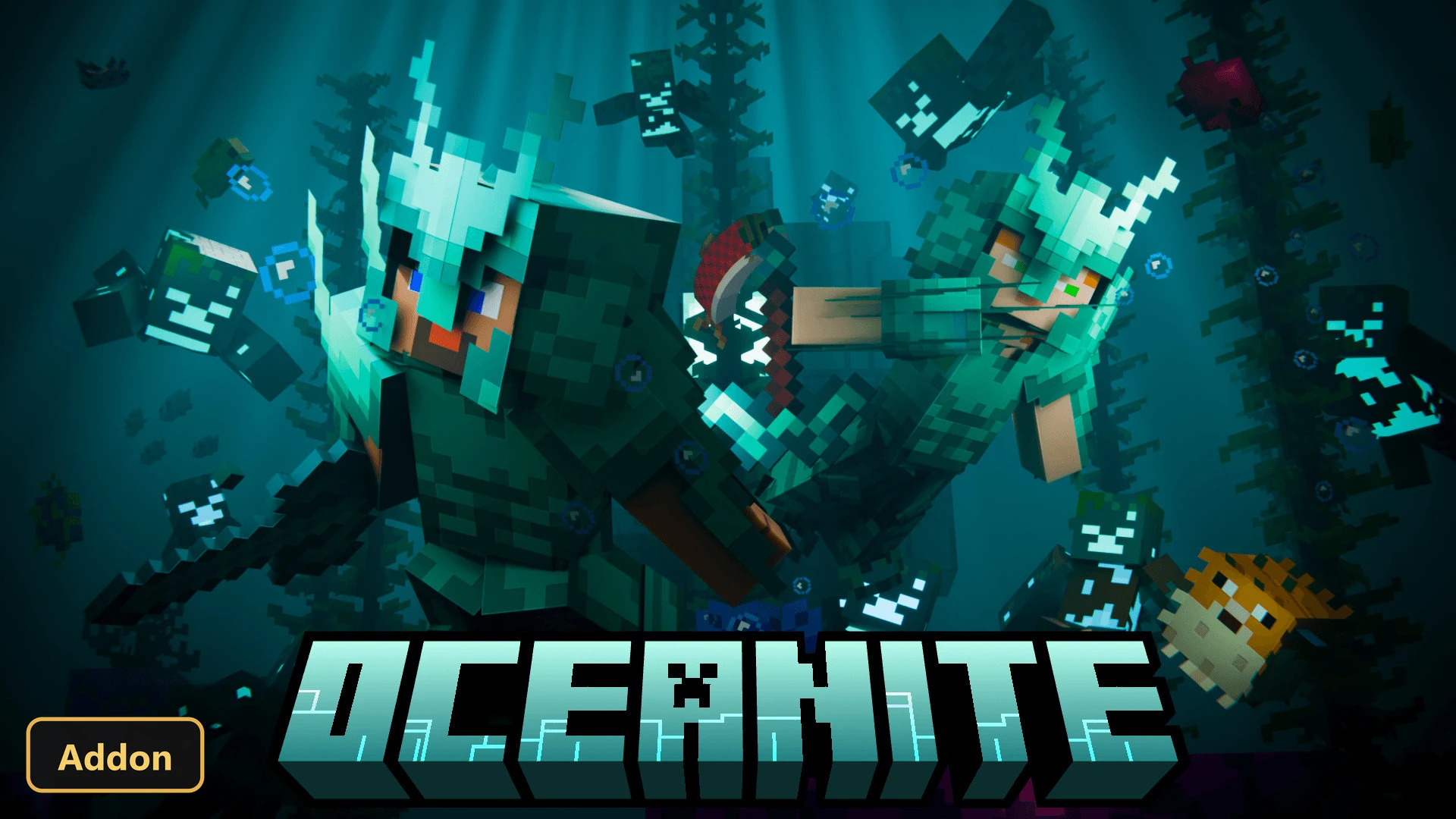 two players in glowing armor underwater, fighting guardians and Drowned