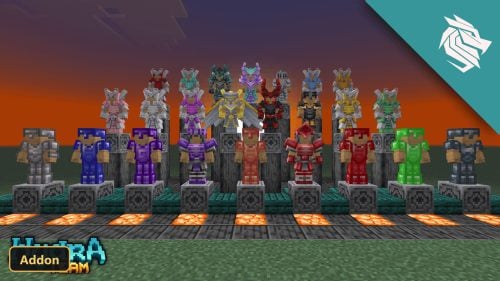 various fantasy armor sets displayed on pedestals at sunset