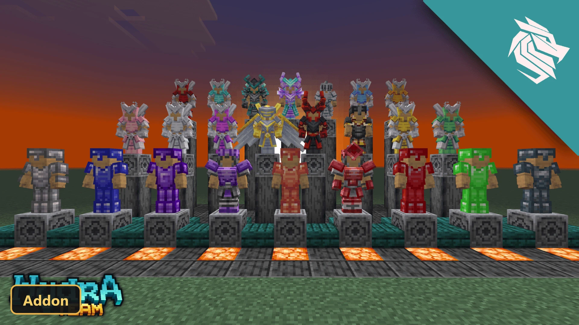 various fantasy armor sets displayed on pedestals at sunset