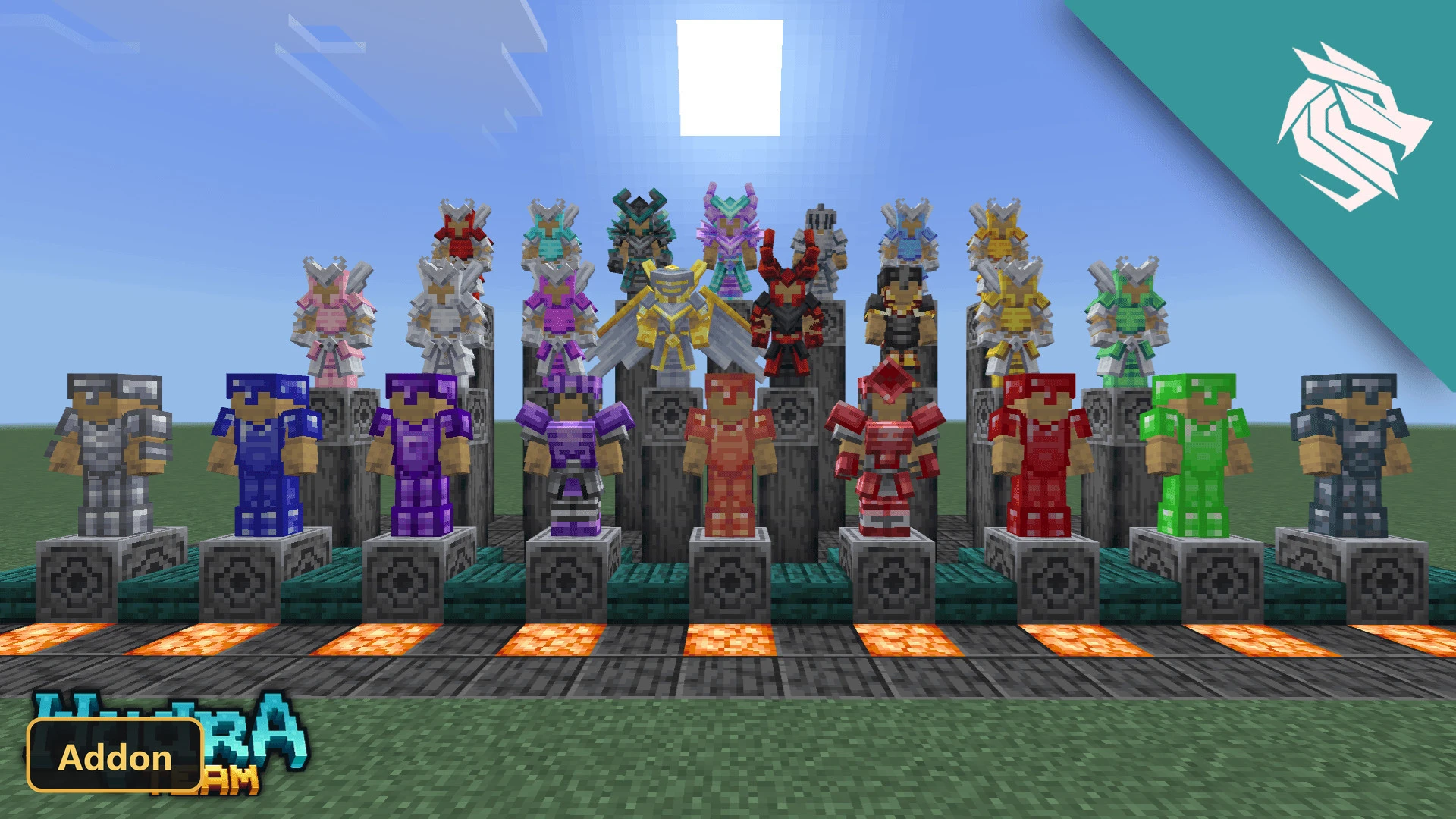 various fantasy armor sets displayed on pedestals at daytime