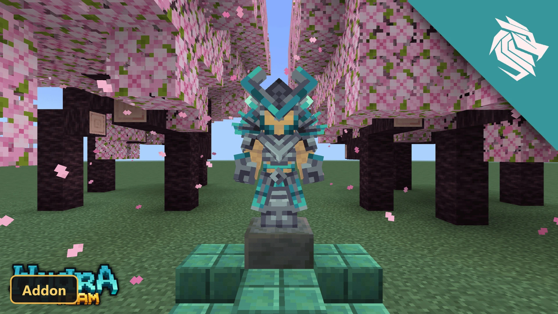 turquoise armor set on pedestal under pink cherry blossom trees