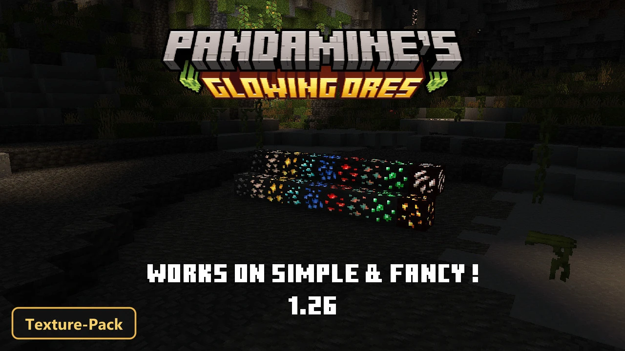 dark cave with glowing ore blocks arranged in rows