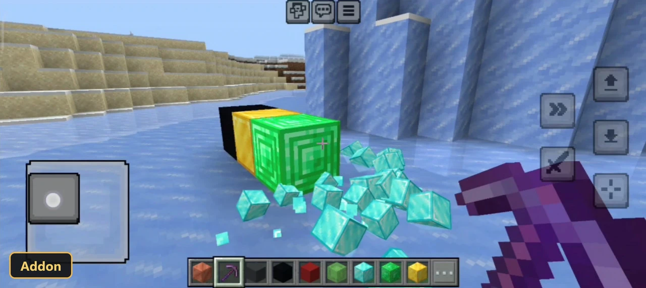 player mining diamond ore on ice, with large ice wall