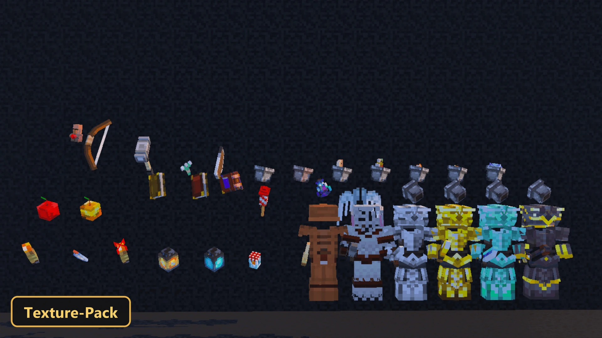 various items, tools, armor sets, and mob heads on dark background