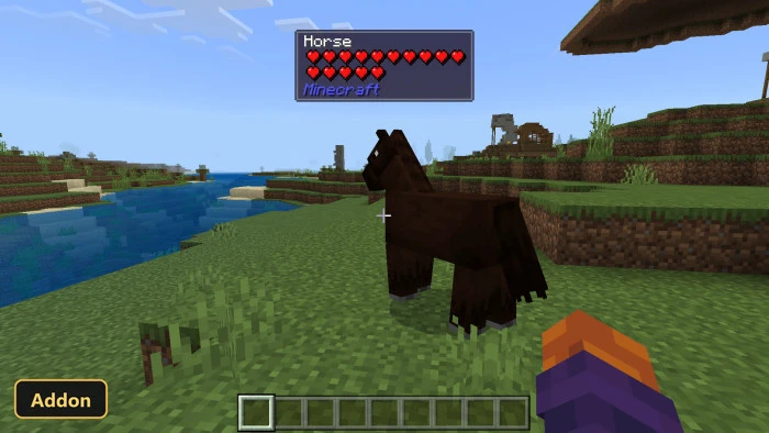a brown horse standing near a river in a grassy biome