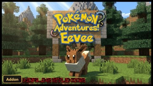Eevee mob in front of a "Pokemon Adventures! Eevee" sign