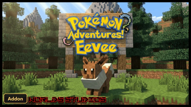 Eevee mob in front of a "Pokemon Adventures! Eevee" sign