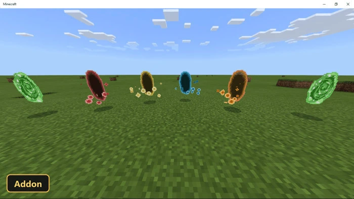 five colorful, glowing portals on a grassy plain under a clear sky