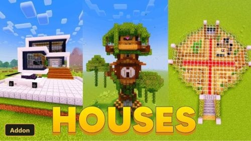 three different house designs: modern, treehouse, and circular base