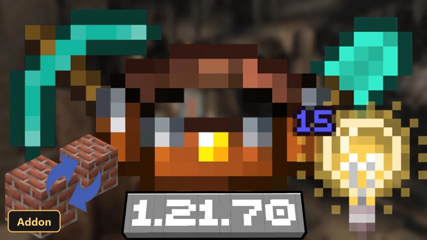 various items including a pickaxe, shovel, light, and backpack