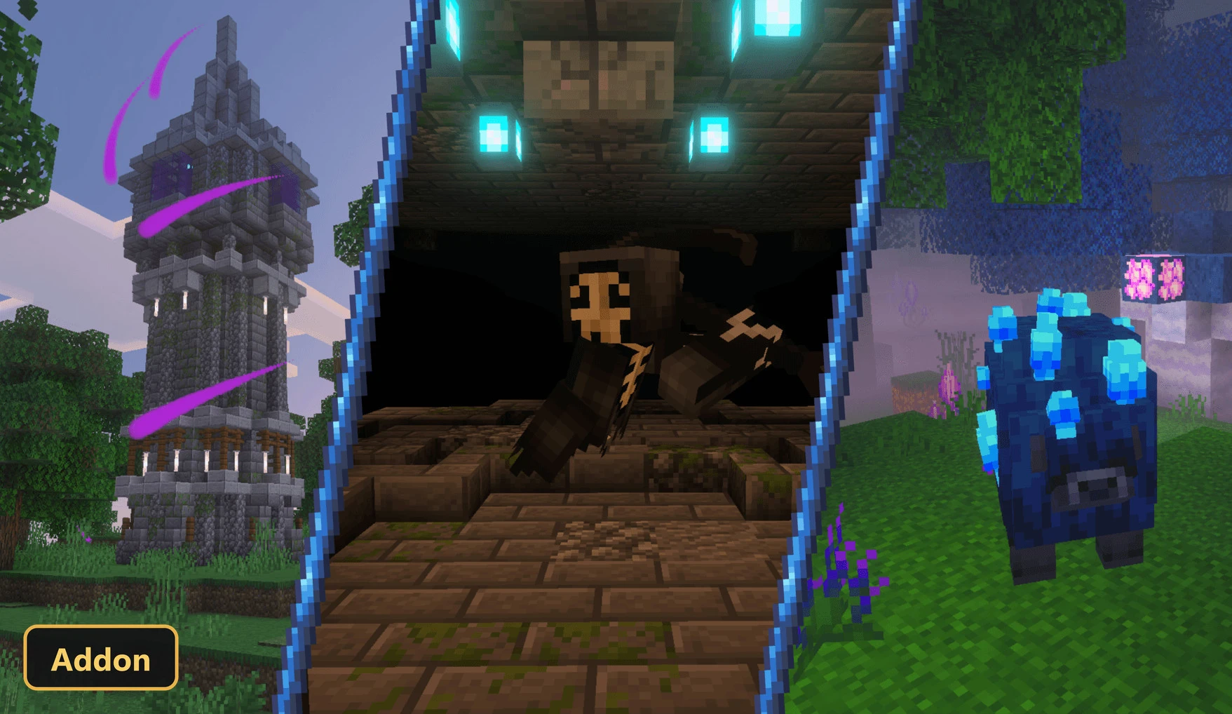 a collage of a tall tower, a dark dungeon, and a glowing blue creature