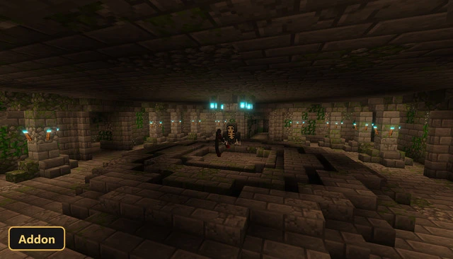 dark dungeon interior with a central altar and glowing blue lights
