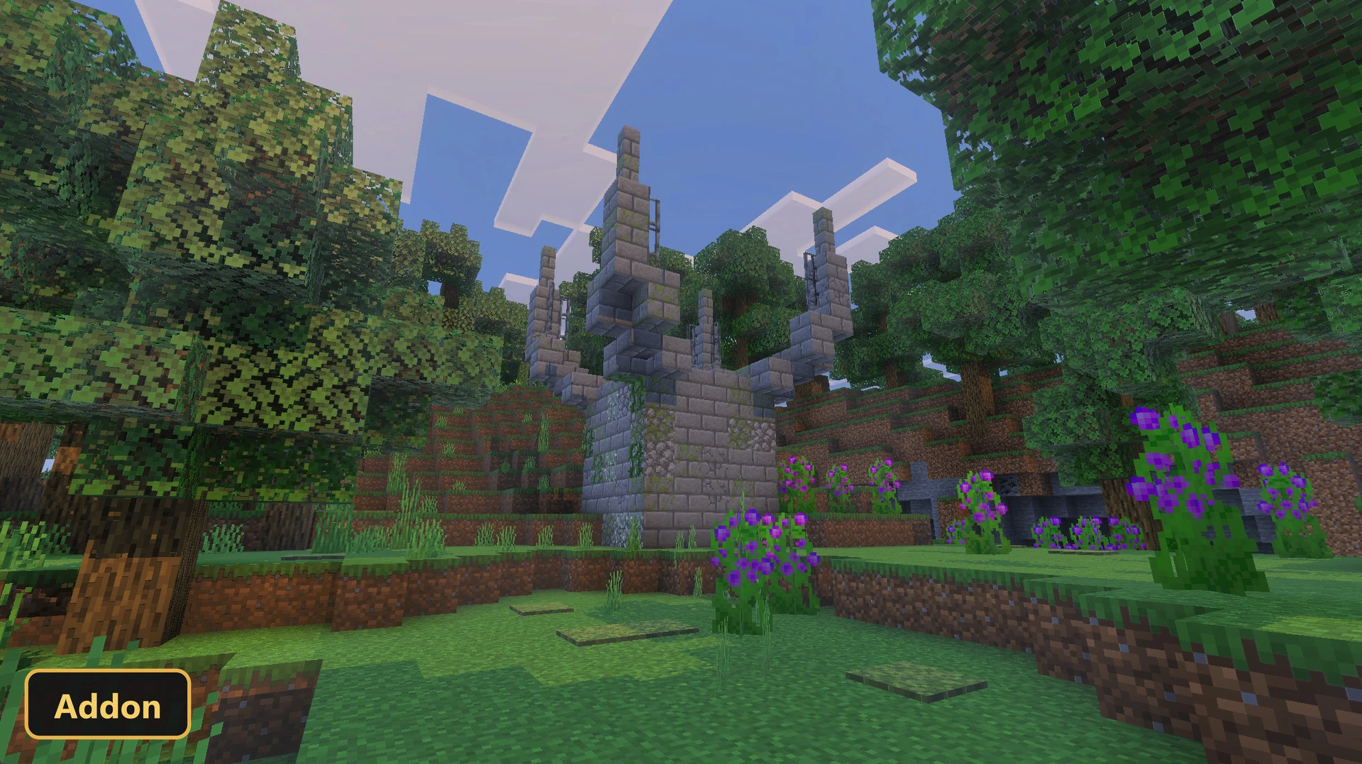 overgrown stone ruins in a forest with purple flowers, daytime