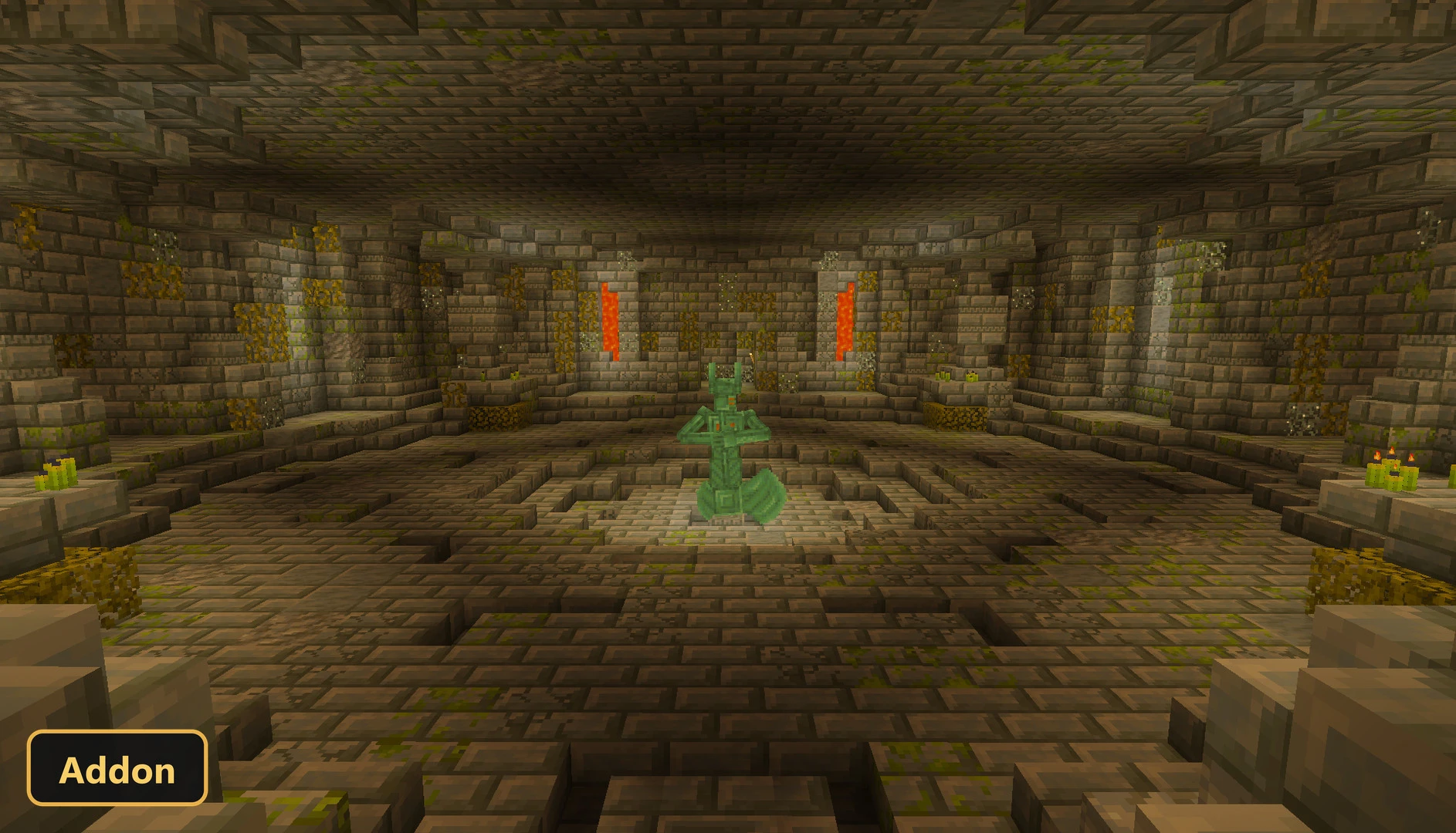 dungeon room with a green statue, red banners, and candles