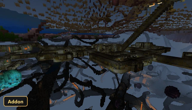 sprawling underground complex with twisting roots and glowing blocks