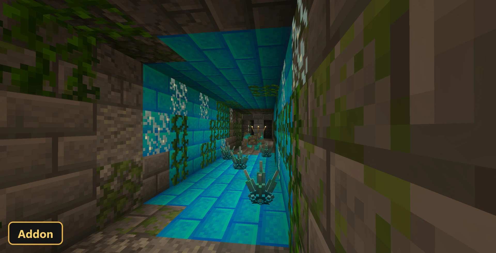 narrow dungeon corridor with glowing blue floor and wall decorations