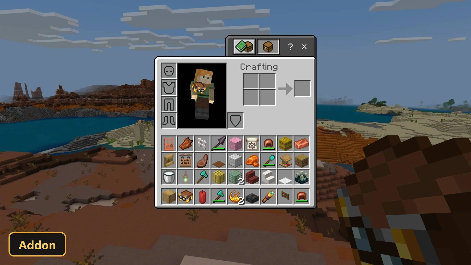 desert biome with crafting menu open, showing items