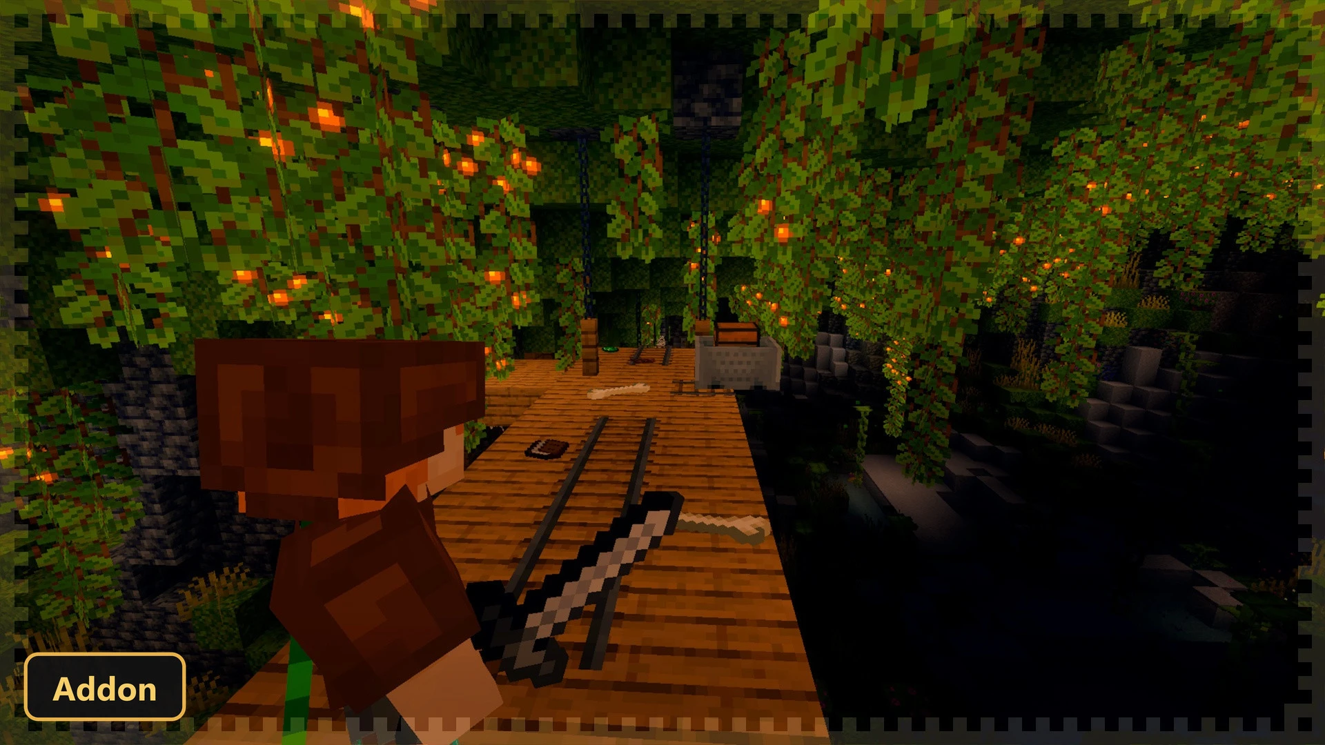player in forest, golden sword, dropped items, cow in background