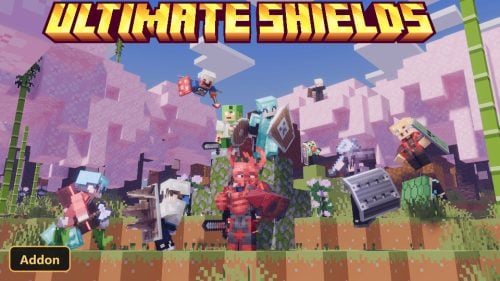 various players with custom shields in a cherry blossom forest